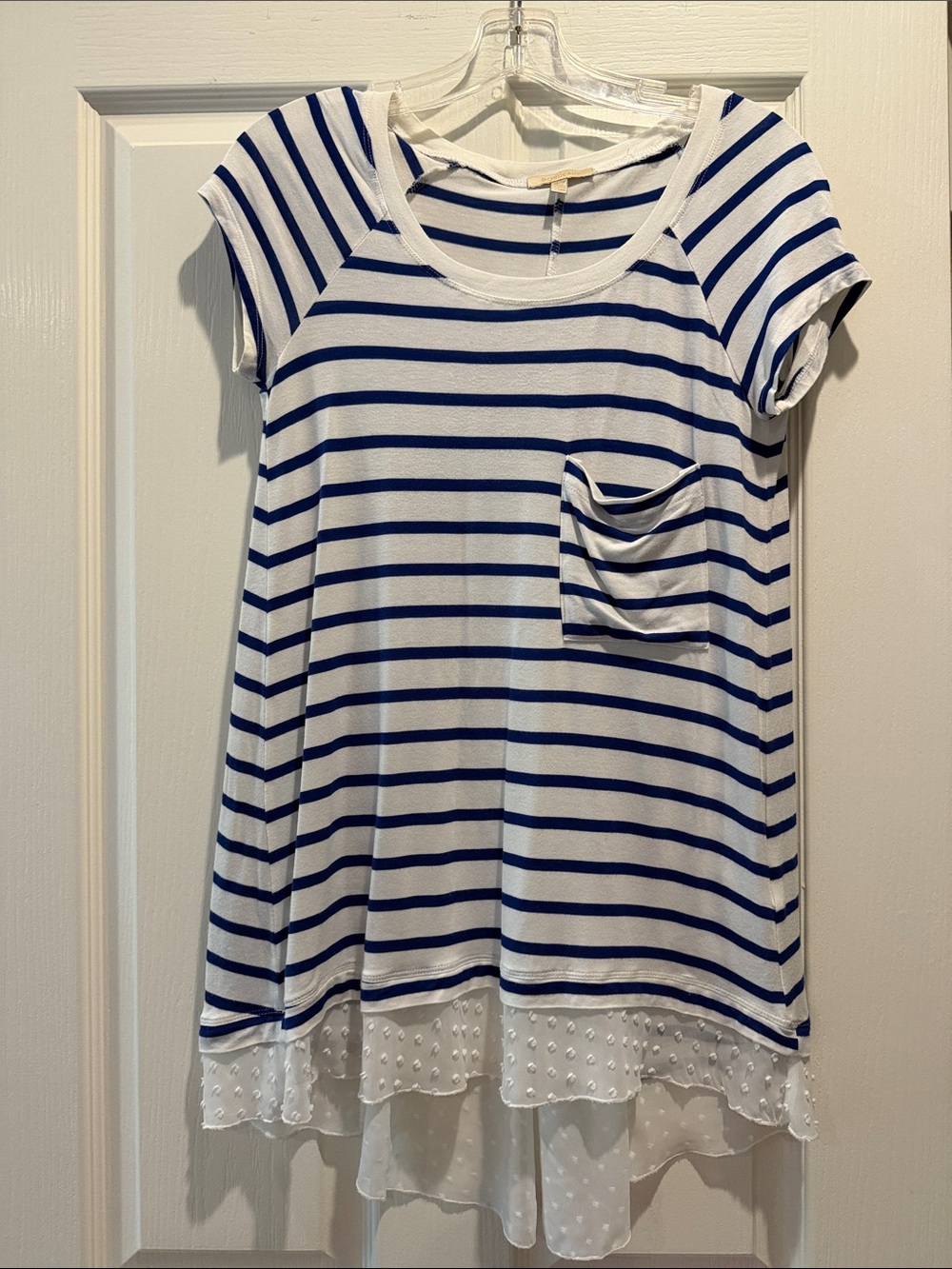 Bordeaux White and Blue Striped Short Sleeve Pocket Tunic